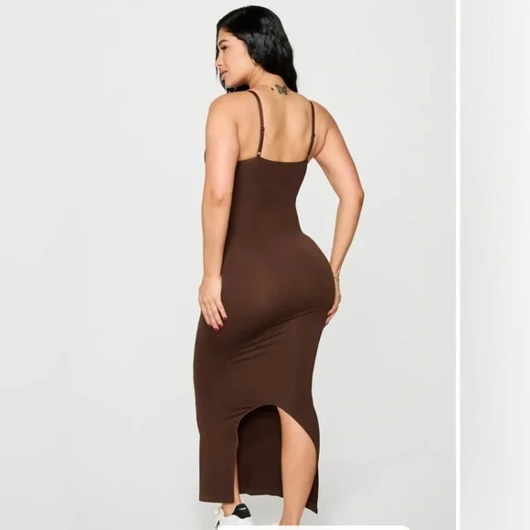 YITTY Collection Fabletics Smooth As Hell Shaping Maxi Dress Bossed Up Brown NWT - Picture 2 of 12